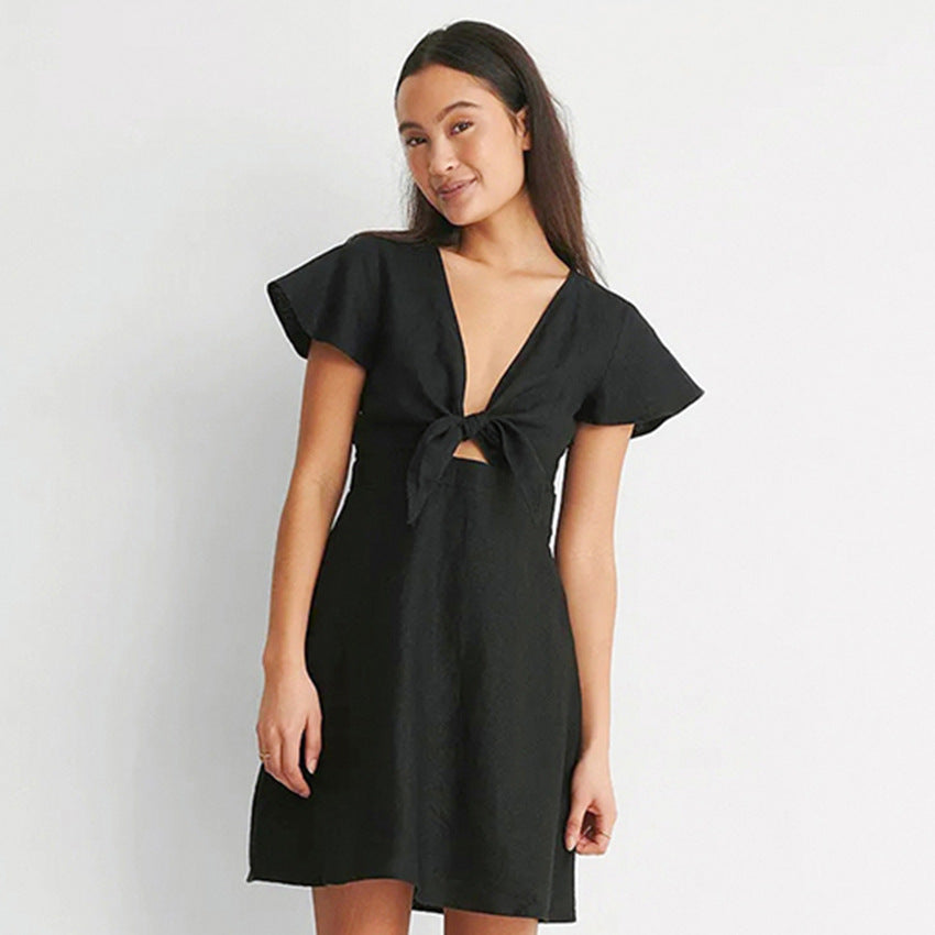 2025 summer new Feifei sleeve cotton and linen commuter dress bow V-neck hollow slim-fitting waist A-shaped skirt women