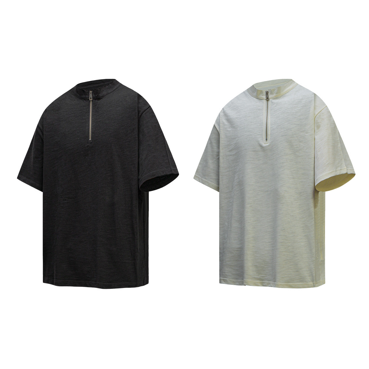 2025 6100 2025n Street 2025 Summer Solid Color Zipper Design Men's Loose Premium Sense Bamboo Cotton Short Sleeve T-Shirt