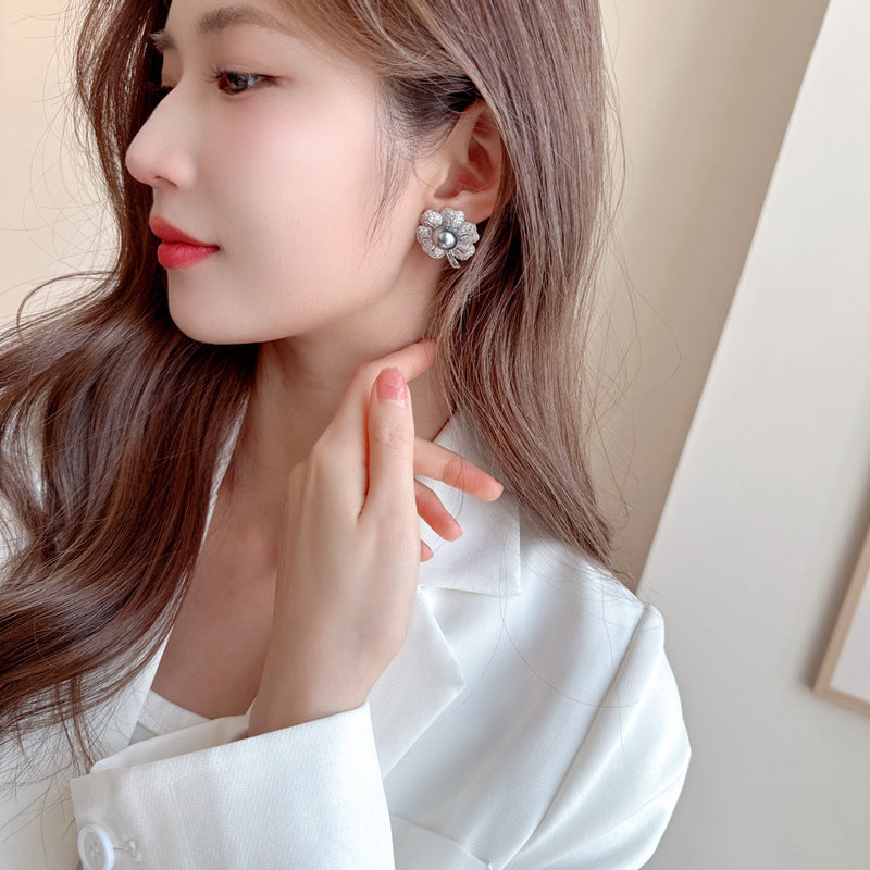2025 Light luxury fashion s925 silver needle earrings wholesale super fairy Popular atmosphere advanced sense zircon flower pearl big stud earrings