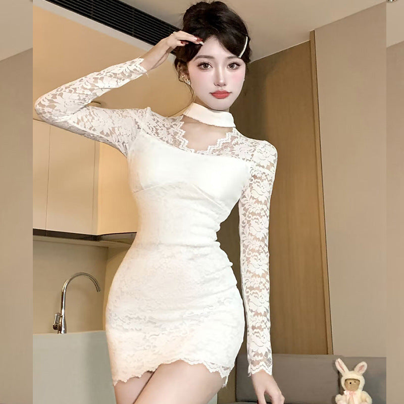 2025 Lace neck white dress spring and summer new sexy hollow v-neck slim-fitting hip-wrapped inner bottom skirt