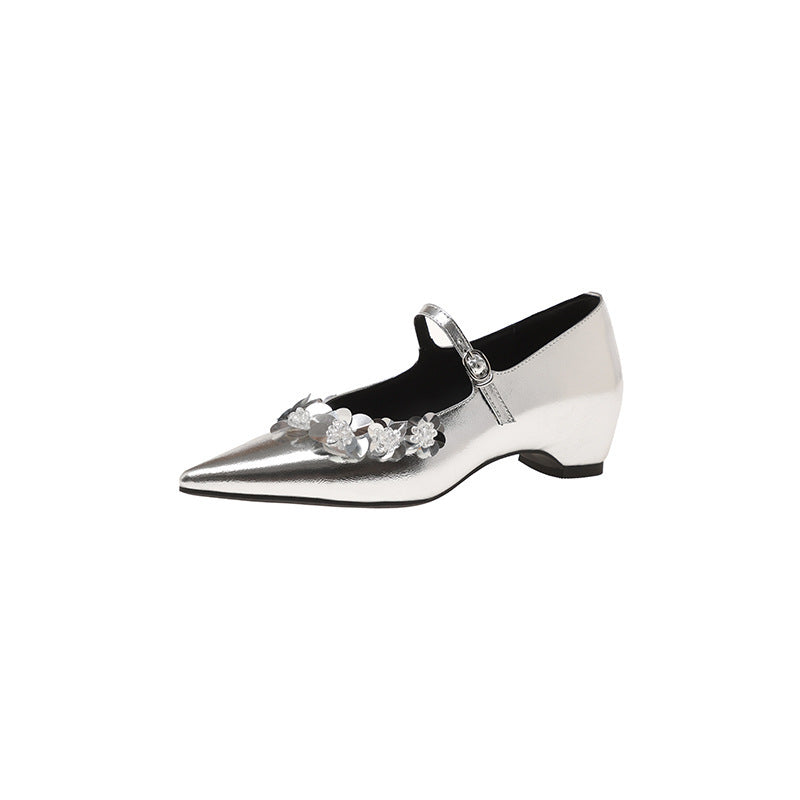 2025 Sheepskin version~ Spring new temperament pointed sequins flower word with single shoes Spring new gentle lady shoes
