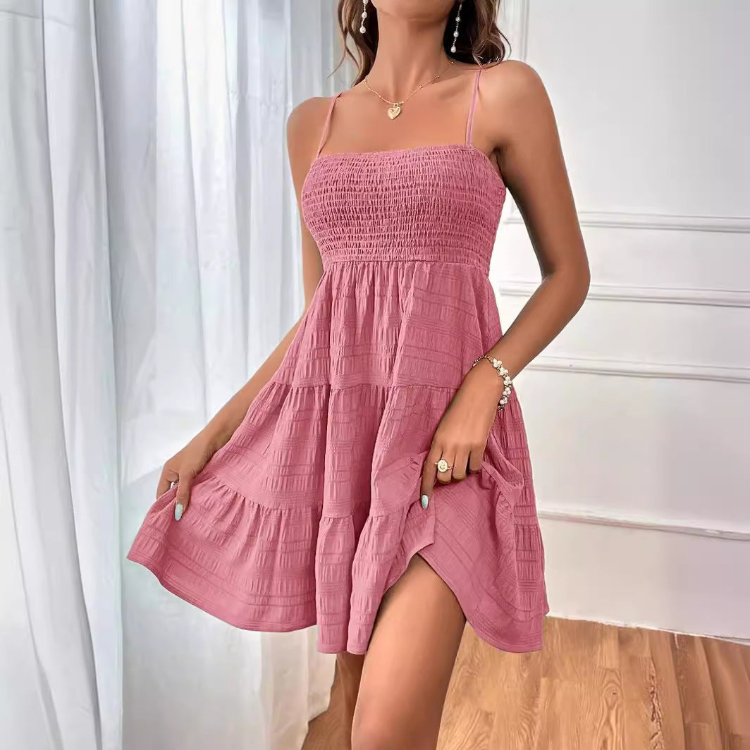 2025 Popular, , New women's clothing summer new one-word collar thin suspender solid color versatile texture dress
