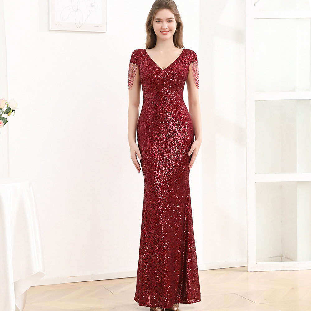 2025 Evening dress dress female black dignified atmosphere host high-end banquet wear sequins thin long fishtail dress