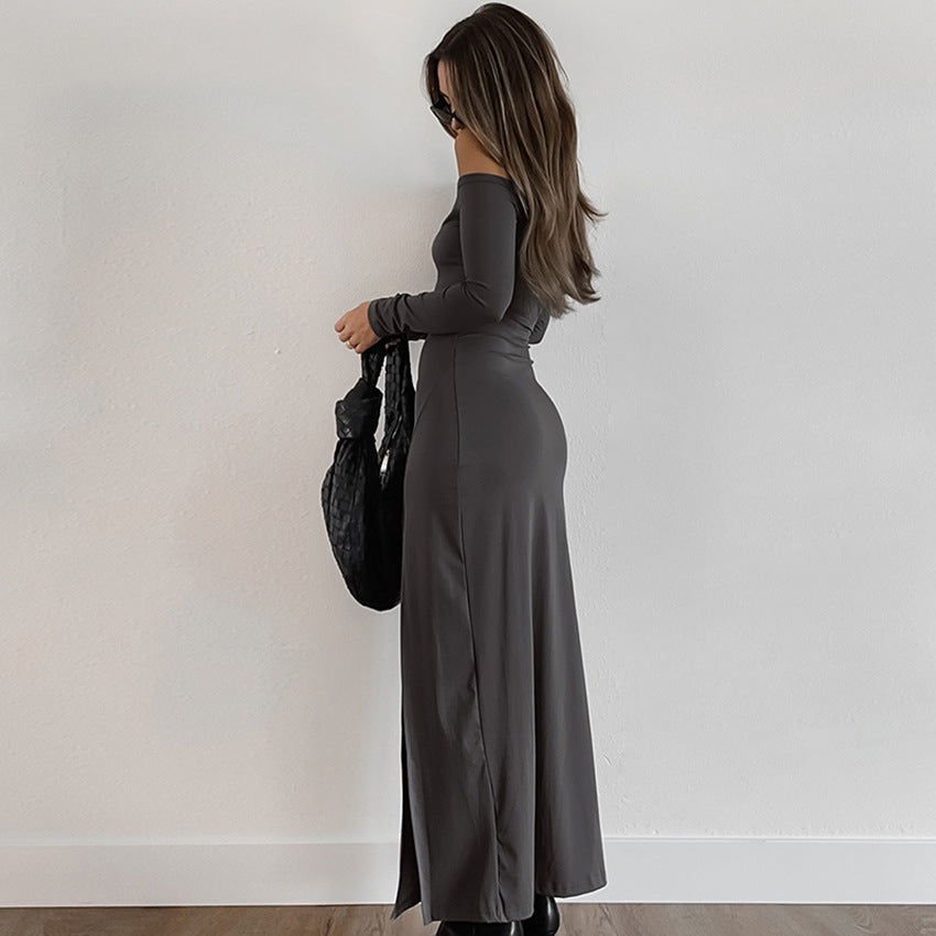 2025 Gray pure cotton sexy one-word neck split dress new autumn fashion Popular trade women's dress