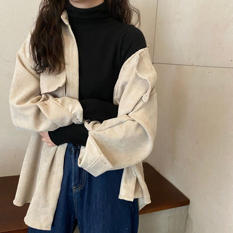 jinran fall outfits aesthetic Corduroy Coat Women's Autumn and Winter All-Matching Jacket New Retro Hong Kong Style Mid-Length Shirt Fashionable Top