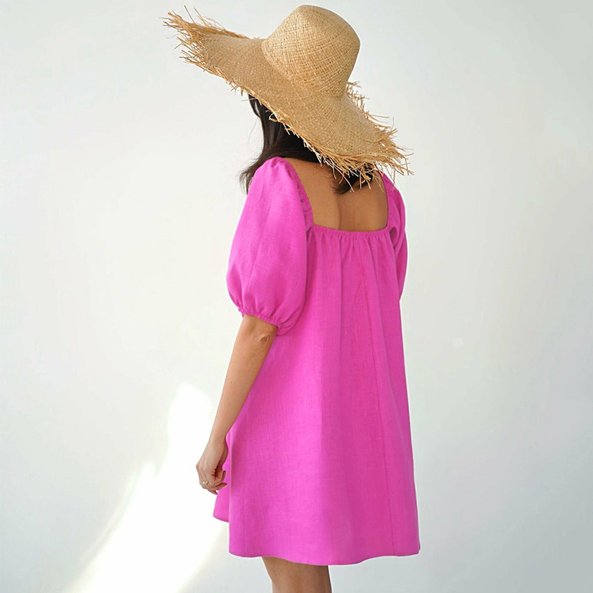 2025 summer new fashion women's doll skirt bubble sleeve bow lace-up design dress women