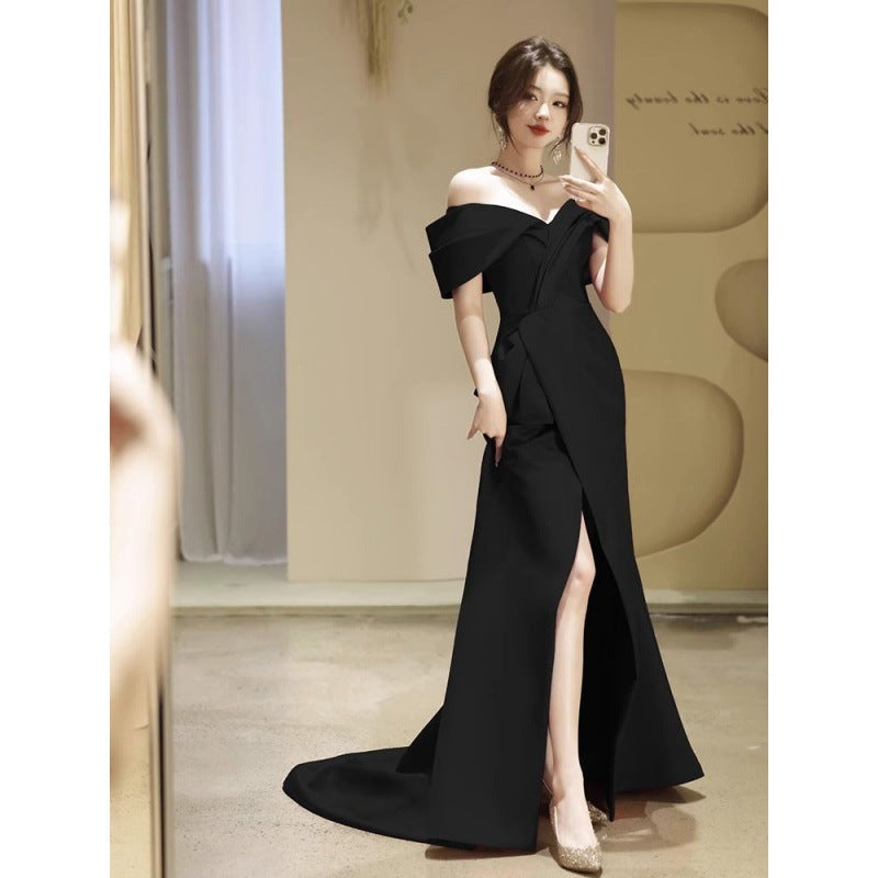 jinran Fishtail dress black evening dress light luxury 2024 new niche tail style banquet annual meeting host slim