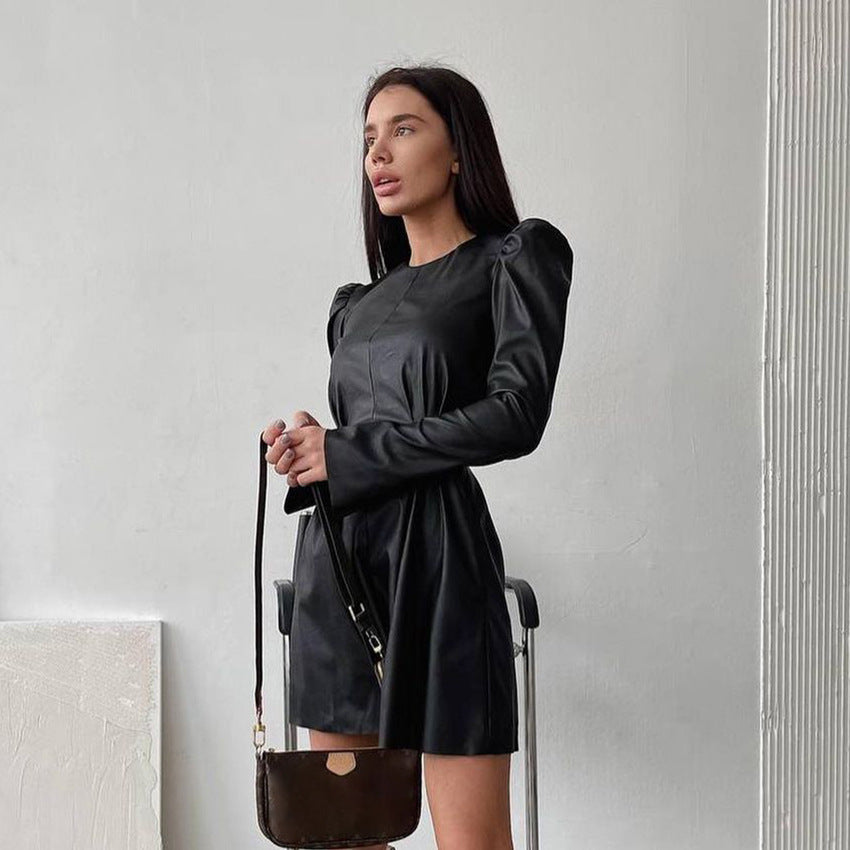2025 light luxury high-end black leather round neck bubble sleeve dress short skirt autumn British style split leather skirt