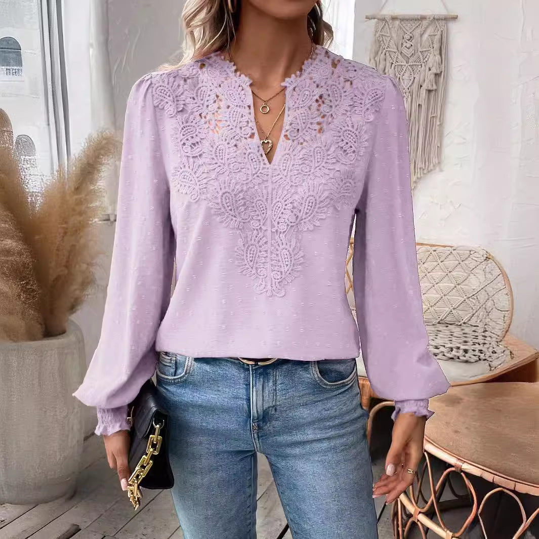 2025 Popular, , New autumn and winter new fashion V-neck lace solid color long-sleeved casual T women's top