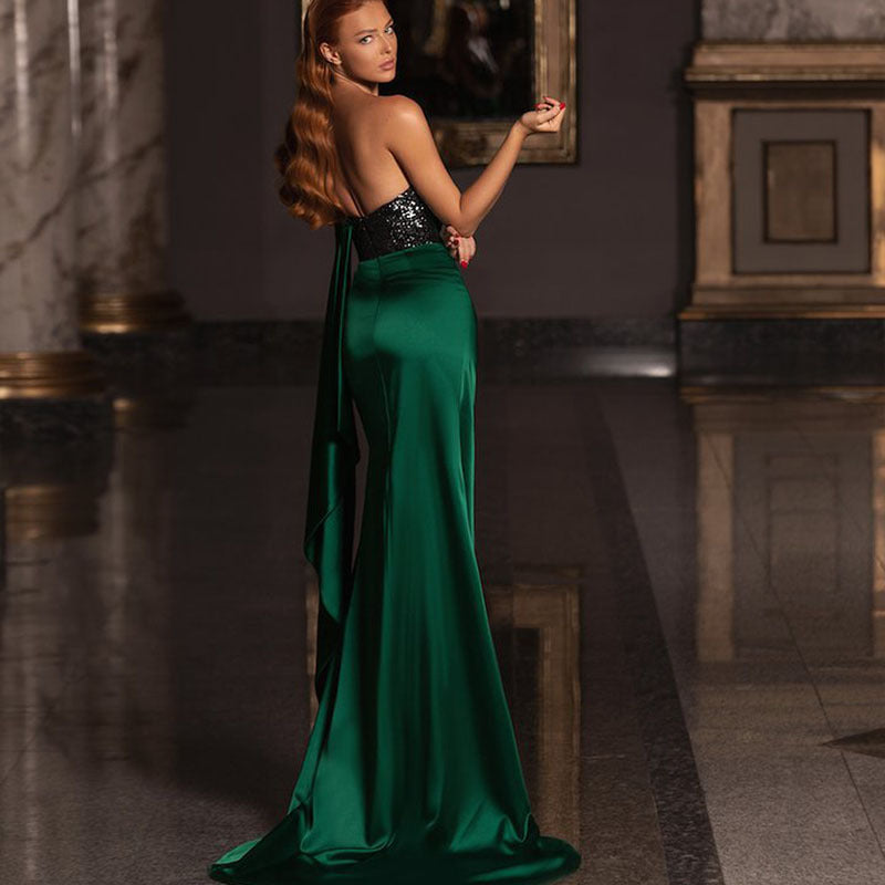 2025 spring and summer new New women's dress low-cut split-ended long dress mopping the floor and showing thin sequined dress
