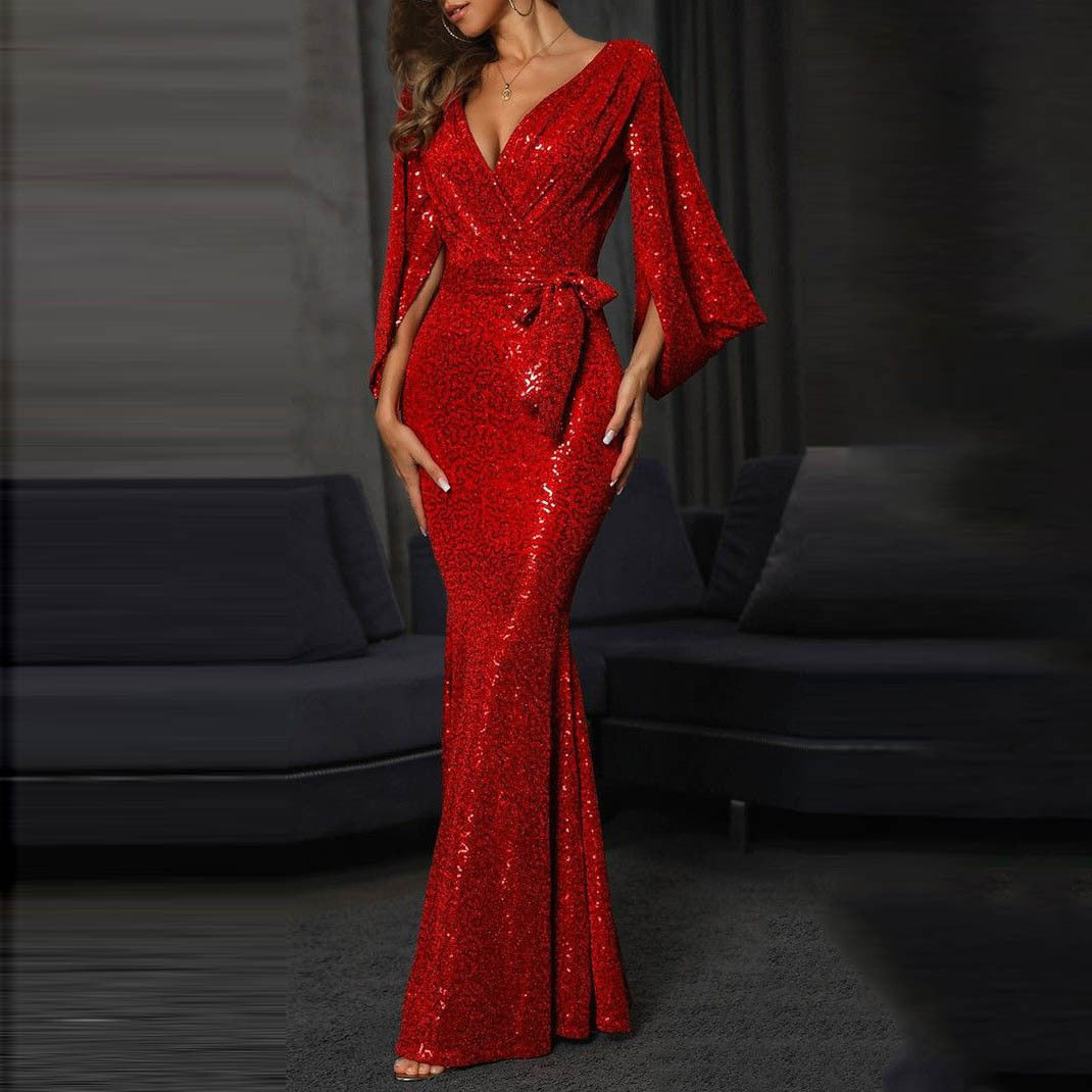 2025 2025 New spring and summer new dress sexy split color sequins long floor mopping evening dress