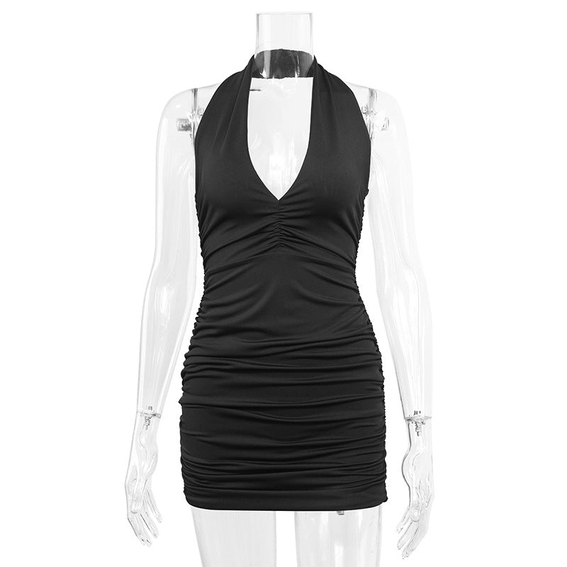 jinran y2k dress to impress 2024 Summer New Women's V-neck Halter Backless Strapless Sexy Simple Pleated Dress