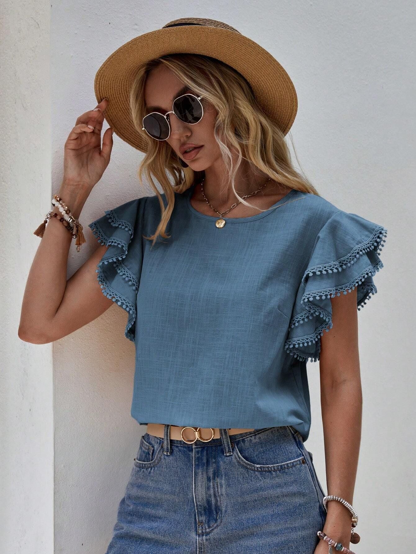 2025 Women's Casual Crew Neck Summer Loose Shirt Lotus Leaf Batman Short Sleeve Top Women
