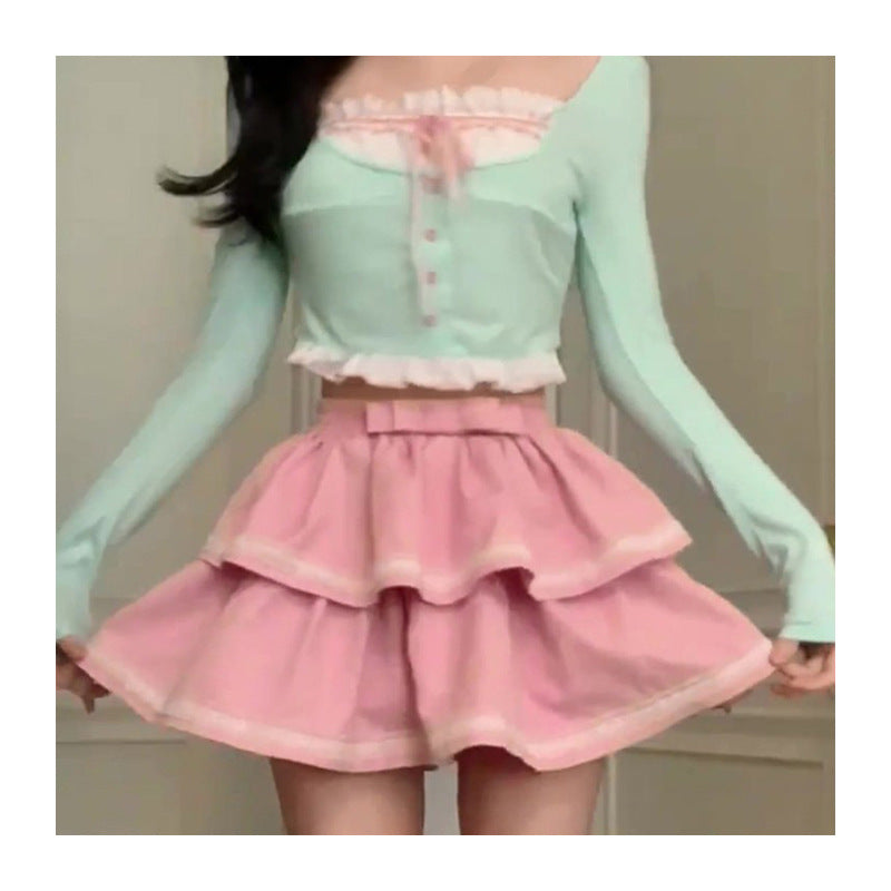 jinran outfit 2024 Spring and Summer Vigorous Girl Lace Collar Cardigan Slim Slimming Long Sleeve Top Cake Dress Two-Piece Set