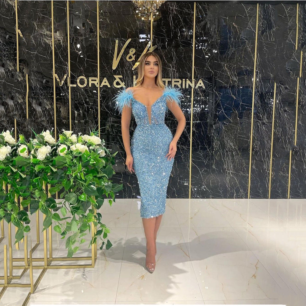 2025 New spring and summer new 2025 women's clothing deep V sequins sexy evening dress feather sequins sleeveless dress long dress