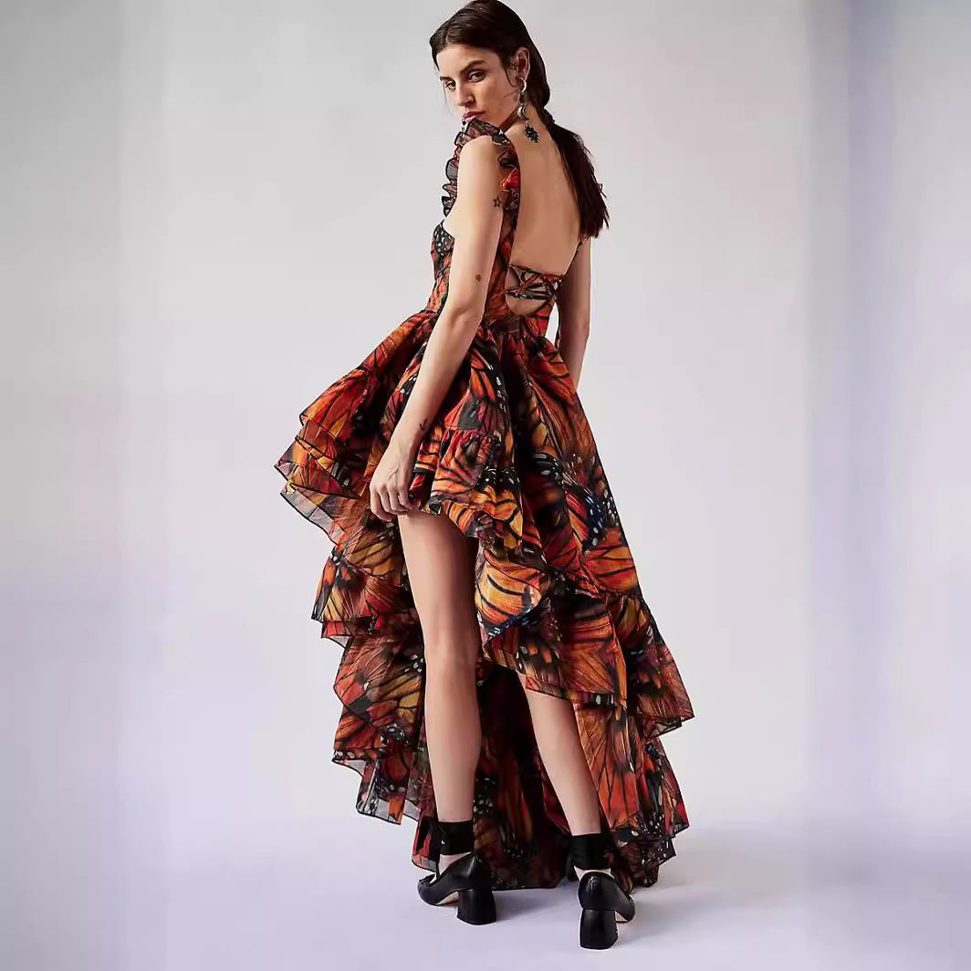 jinran pretty halloween costumes 2024 Summer Hot Sale Sling Midi Dress Digital Butterfly Print Fashion Style Large Swing Skirt Dress