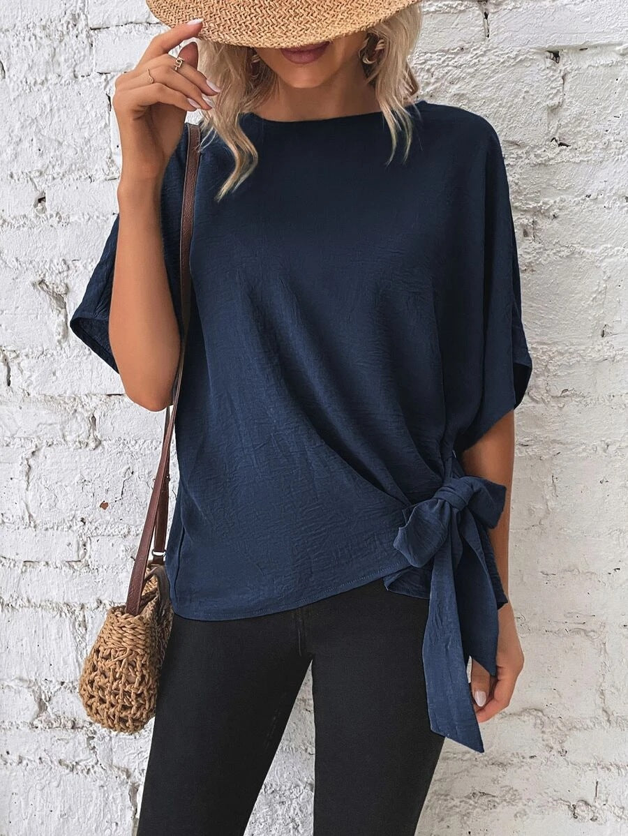 2025 Popular, , New women's clothing summer new solid color bat wing sleeves hem knotted loose t-top