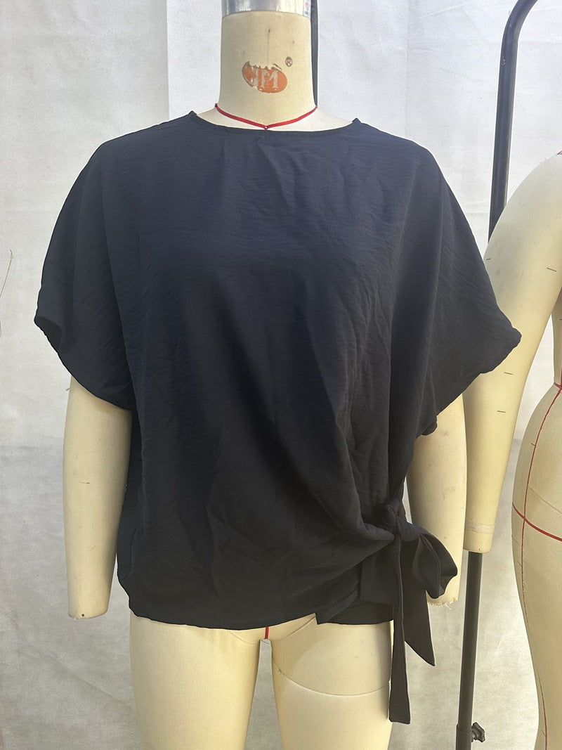 2025 Popular, , New women's clothing summer new solid color bat wing sleeves hem knotted loose t-top