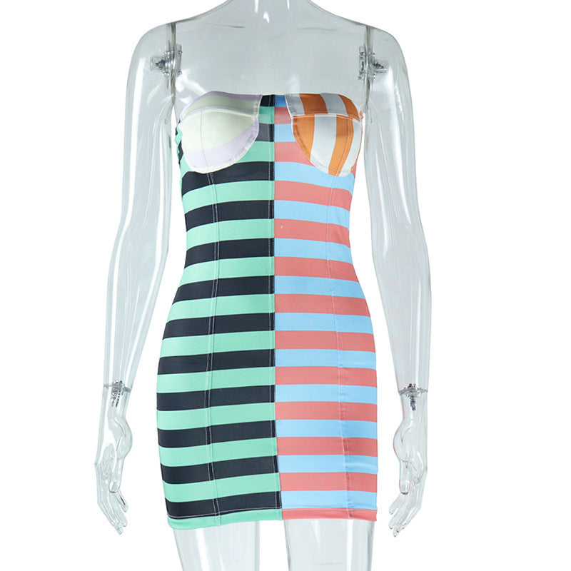 jinran y2k dress to impress 2024 Summer New Style Ins Sexy Chest Wrap Sleeveless Colorful Striped Fashion Print Dress