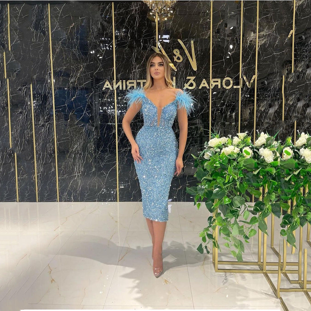 2025 New spring and summer new 2025 women's clothing deep V sequins sexy evening dress feather sequins sleeveless dress long dress