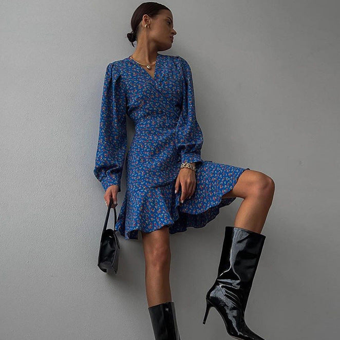 2025 Sexy V-neck bubble sleeve ruffle edge printed strap dress popular new spring fashion Popular trade women