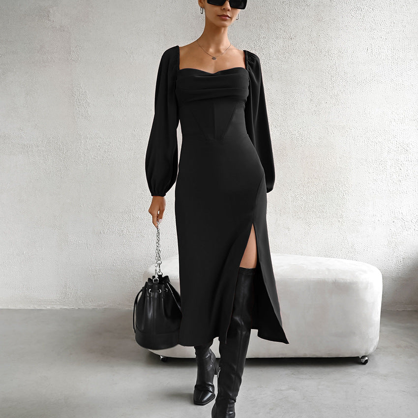 2025 slim-fitting square-neck bubble-sleeved dress, satin temperament, medium and long skirt, lace-up, split A-shaped skirt, women's clothing