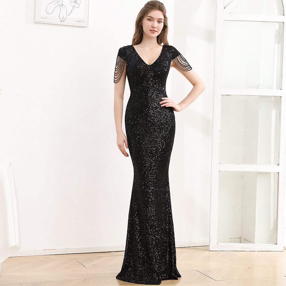 2025 Evening dress dress female black dignified atmosphere host high-end banquet wear sequins thin long fishtail dress