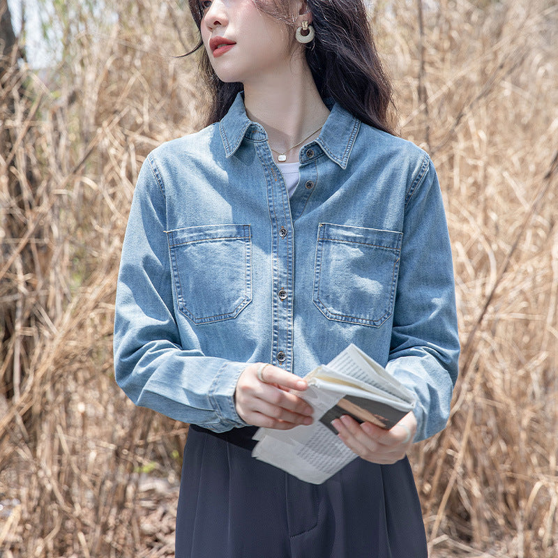 Blue retro denim shirt jacket women's spring dress front shoulder top design sense niche small man stacked shirt autumn