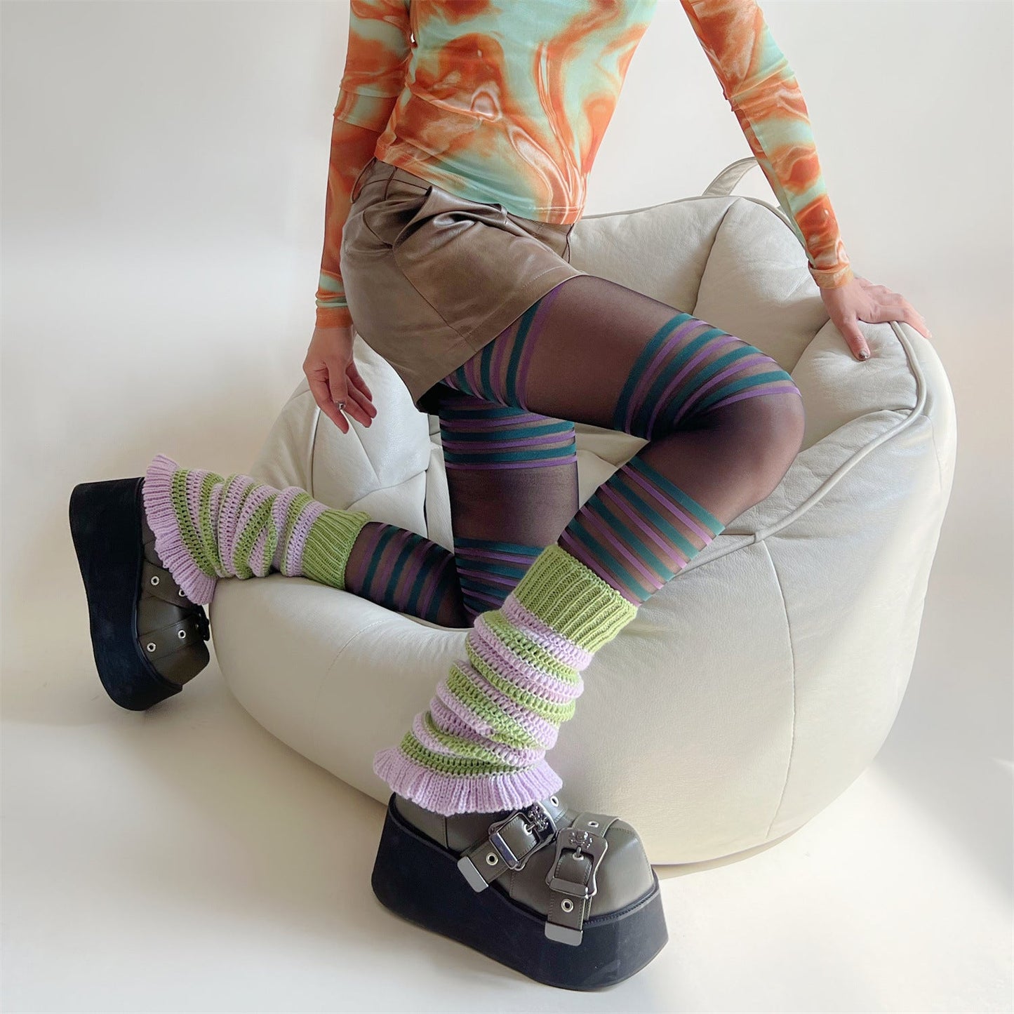 jinran fall outfits women French Retro Hot Girl Millennium Style Y2g Spring and Summer Hollow Lace Color Stitching Striped Leg Cover Knitted Thin Socks