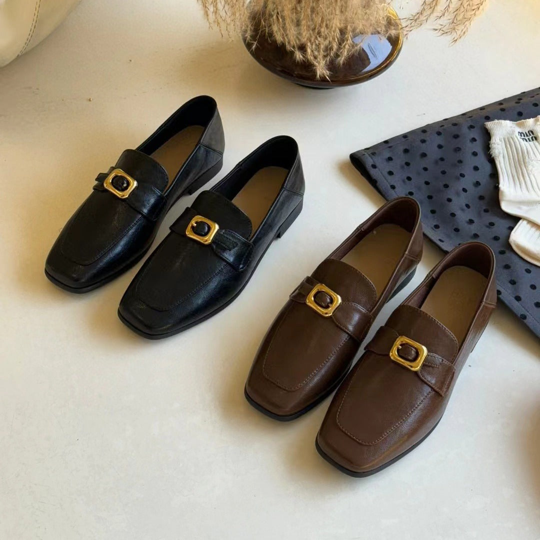 2025 Cowhide version~ Grape mother, the same British style can be stepped on with a gold buckle and a foot pedal, versatile loafers, women's small leather shoes