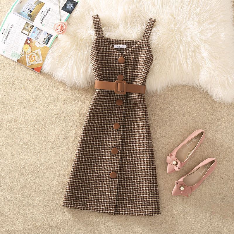 jinran fall trends 2024 outfits Sweater Dress Suit Women's 2024 Autumn and Winter New Retro Woolen Plaid Strap Dress Two-Piece Suit Fashion Women