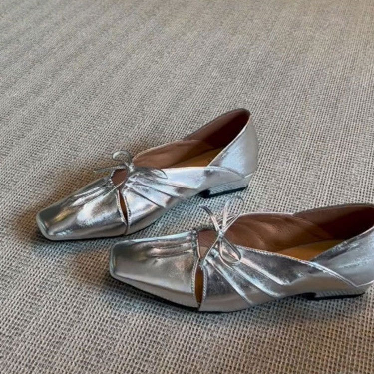 2025 Cowhide version~ pleated hollow Mary Jane shoes bow handmade leather low-heeled single shoes light mouth small leather shoes women