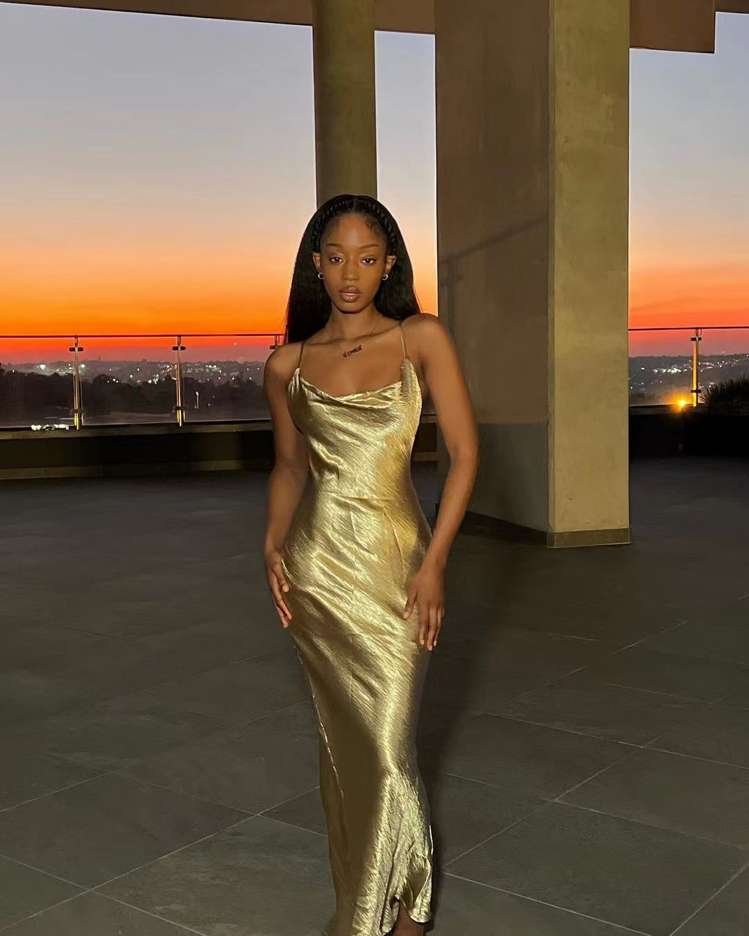jinran party dresses 2024 Summer Masson Popular Elegant Backless Strap Fishtail Golden Dress Dress Sexy Slimming