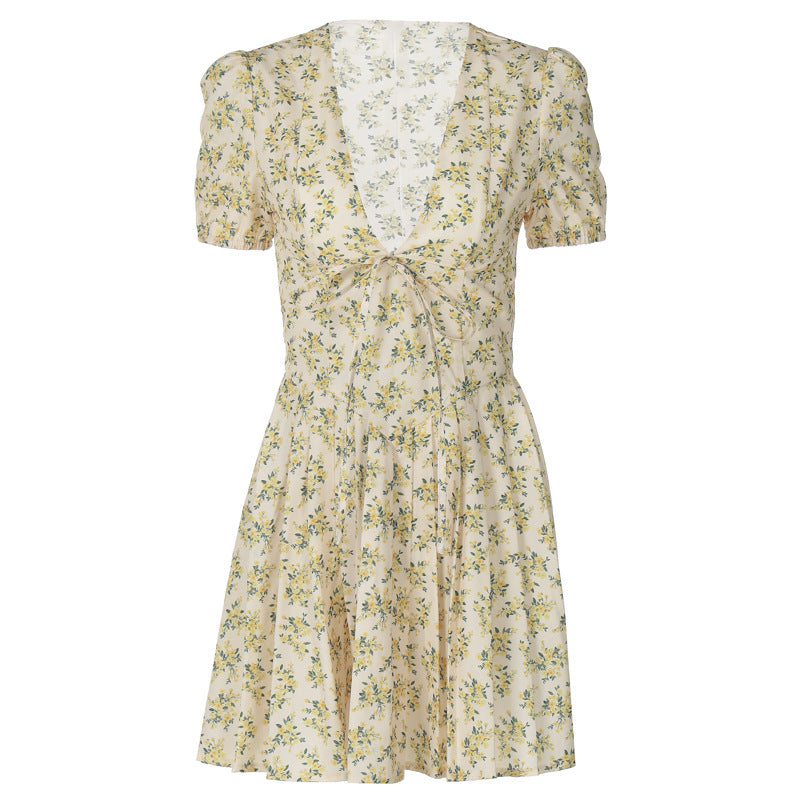 jinran birthday outfit French Sweet Style Autumn New Sexy Deep V Thin Waist Short Sleeve Mid Pleated Floral Dress Women
