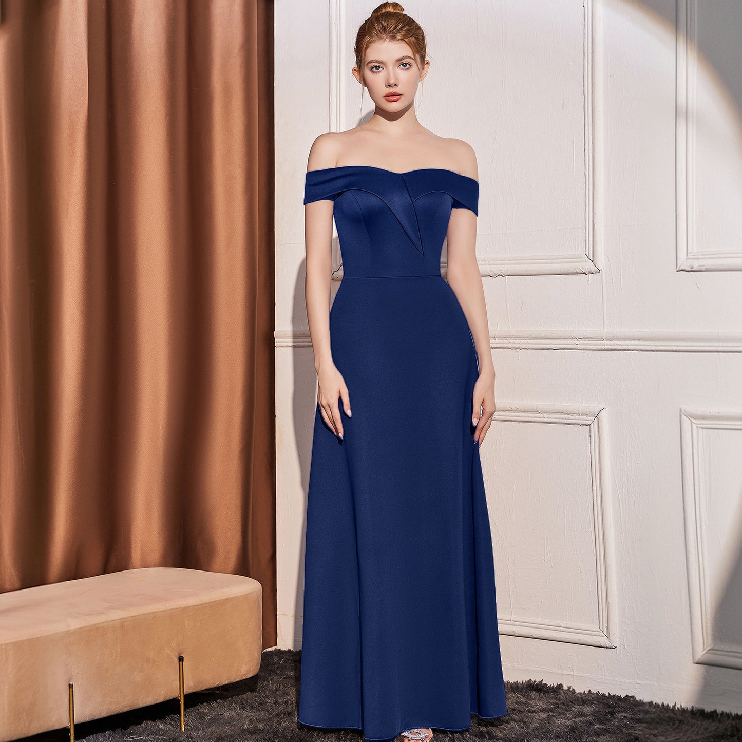 2025 Evening dress dress women's high-end temperament simple high-end sense celebrity banquet one-word shoulder thin pendant long dress