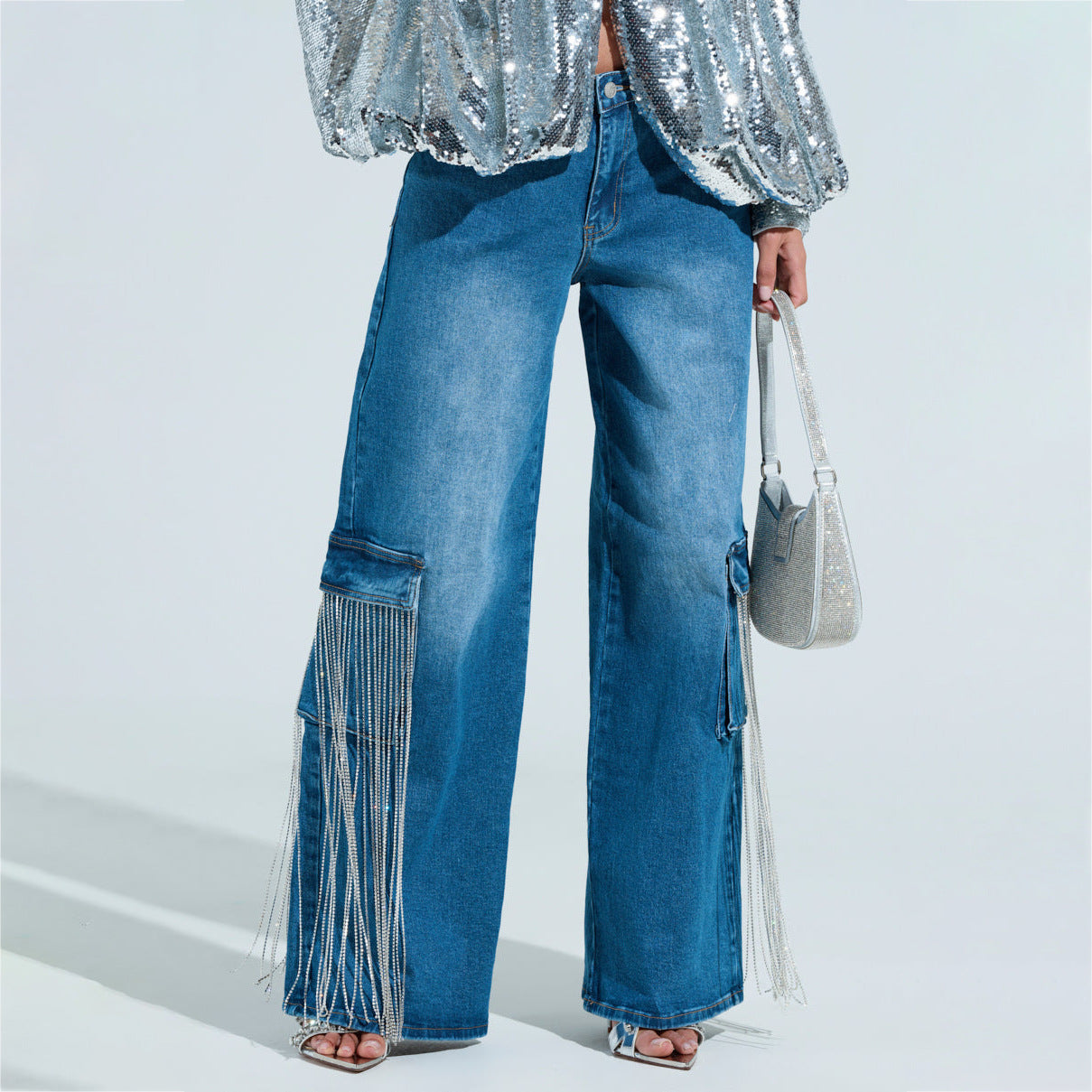 2025 New retro wind drill chain fringed design straight jeans women's spring and summer new washed old trousers women