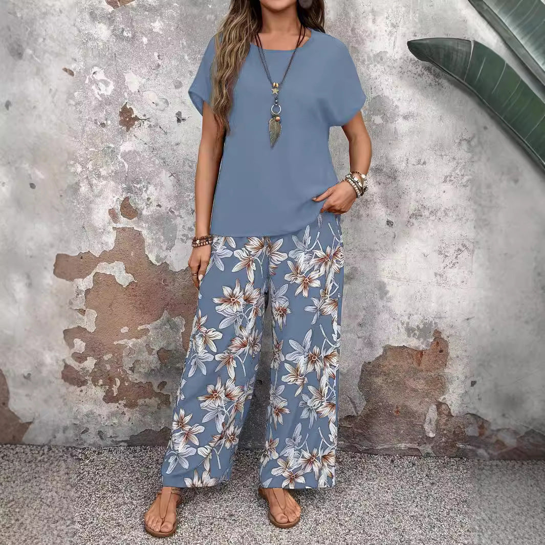 2025 In the summer of , the new two-piece set for women's trends are versatile, loose pullover printing round neck casual suit for women