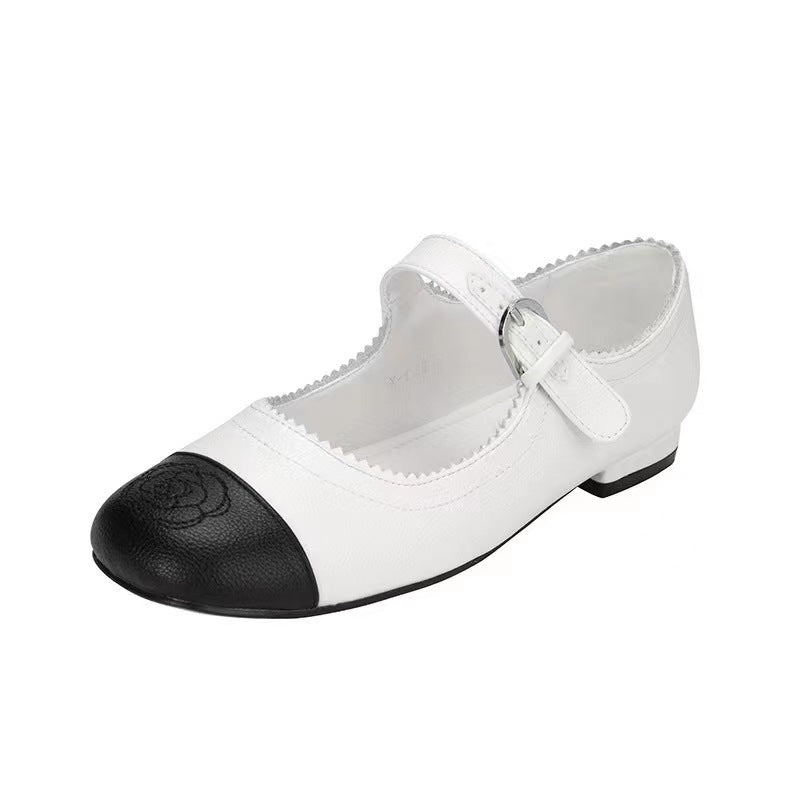 2025 Cowhide version~ High-heeled new Xiaoxiangfeng Mary Jane shoes for women's leather thick heel one-word buckle black and white color matching single shoes for women