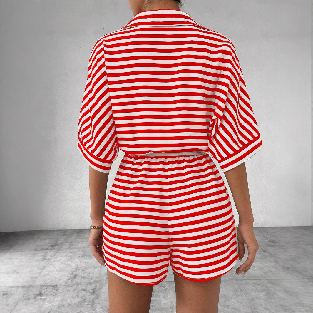 2025 spring and summer Popular trade New striped lapel cardigan button medium sleeve belt shorts set onesie women