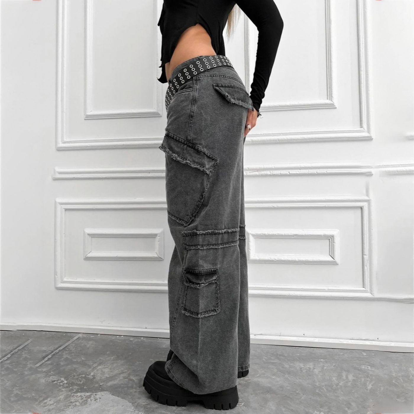 2025 n street style retro multi-pocket design jeans women's spring new Spice Girls old straight pants Popular trade