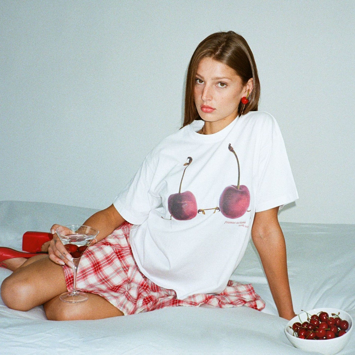 2025 fashion New cherry creative printing T-shirt spring and summer new ins style casual versatile loose top