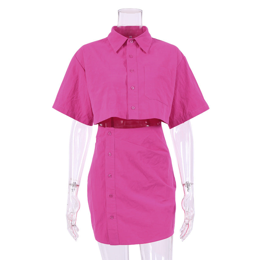 2025 popular summer new shirt skirt short skirt hip skirt short dress rose red short sleeve fashion women's clothing