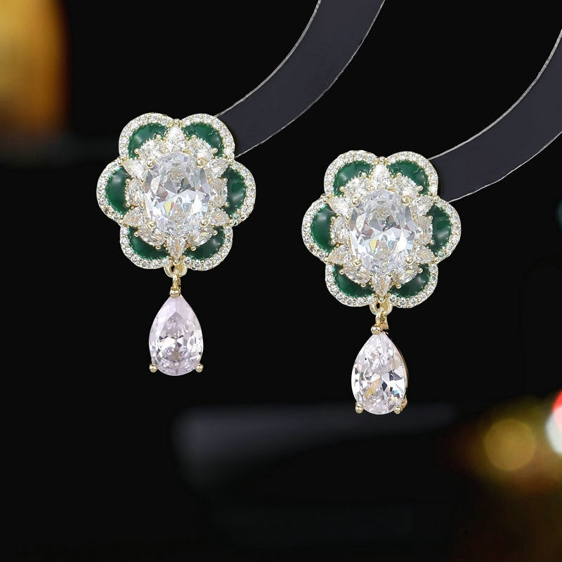 2025 Yiwu accessories temperament niche high-end earrings wholesale zircon inlay oil drop flower water drop earrings women