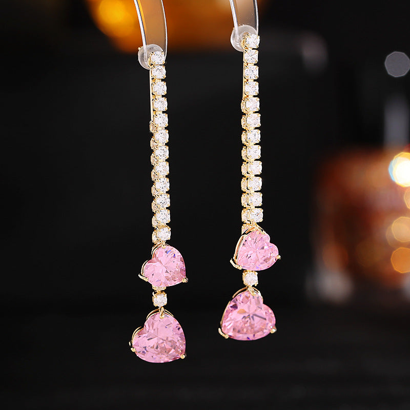 2025 S925 silver needle zircon inlaid earrings niche design love-shaped earrings removable two long fringed earrings
