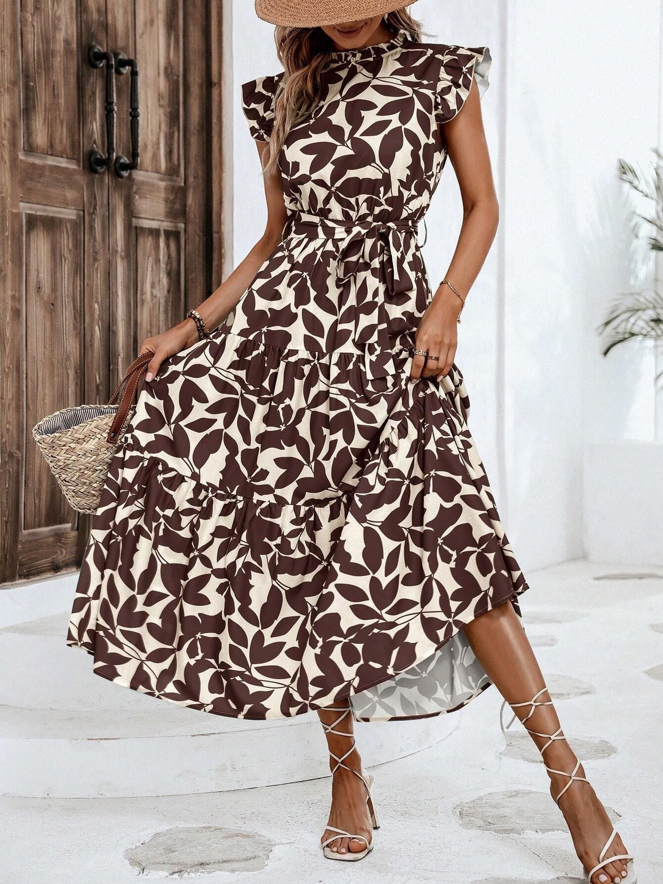 2025 Popular, , New women's clothing summer new fashion fungus edge flying sleeves lace-up printed fairy skirt