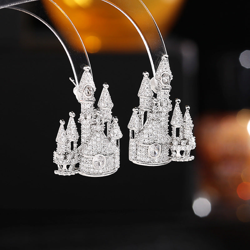 2025 Personalized creative designer earrings wholesale s925 silver needle earrings colored super flash zircon inlaid castle stud earrings