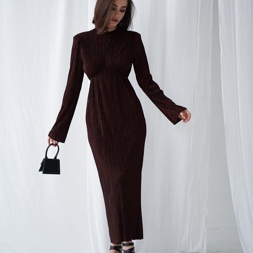 2025 spring long dress round neck hollow sexy temperament dress backless slim long sleeve pleated dress women