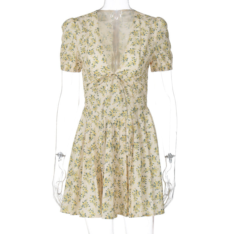 jinran birthday outfit French Sweet Style Autumn New Sexy Deep V Thin Waist Short Sleeve Mid Pleated Floral Dress Women
