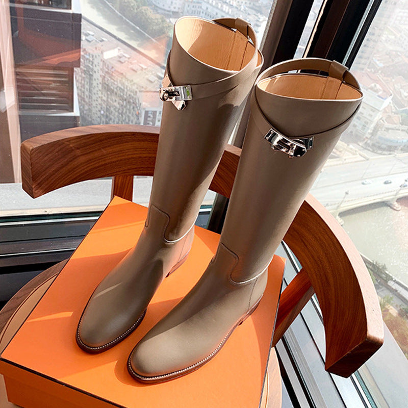 2025 Cowhide version~ Grape mother same 2025 autumn and winter new pointed thick heel knight boots commuting medium and high boots women