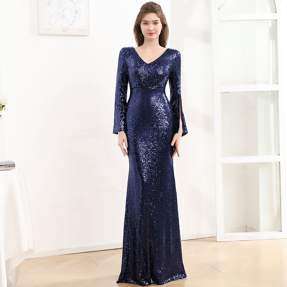 2025 Evening dress female long-sleeved celebrity banquet temperament luxury atmosphere host sequined fishtail long dress